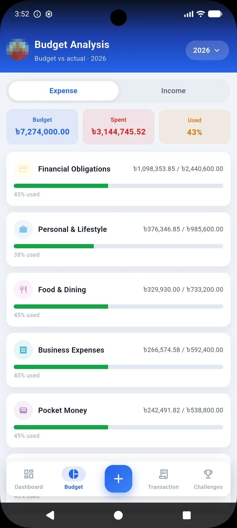 FinTrackHub mobile — budgets