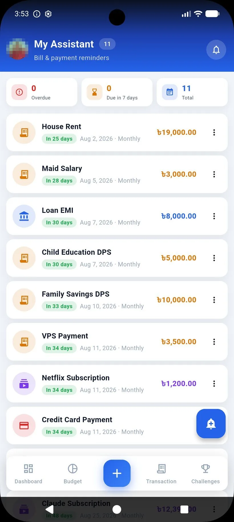 FinTrackHub mobile — reminders